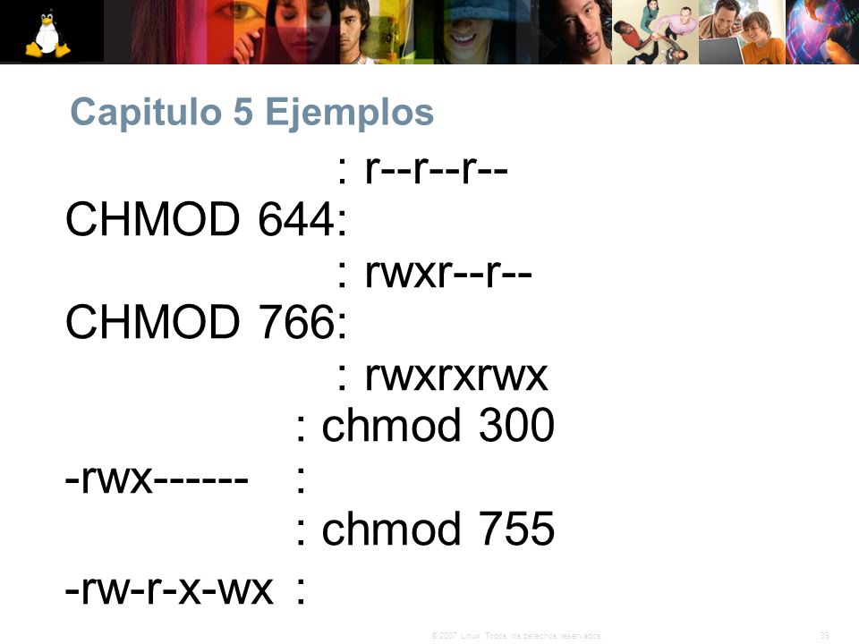 Capitulo 5 Ejemplos CHMOD 444: r--r--r-- CHMOD 644: rw-r--r-- CHMOD 744: rwxr--r-- CHMOD 766: rwxrw-rw- CHMOD 777: rwxrxrwx.