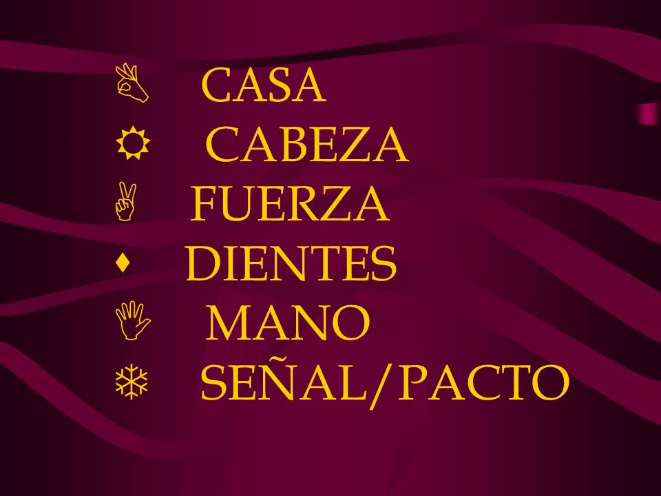B CASA R CABEZA A FUERZA s DIENTES I MANO T SEÑAL/PACTO
