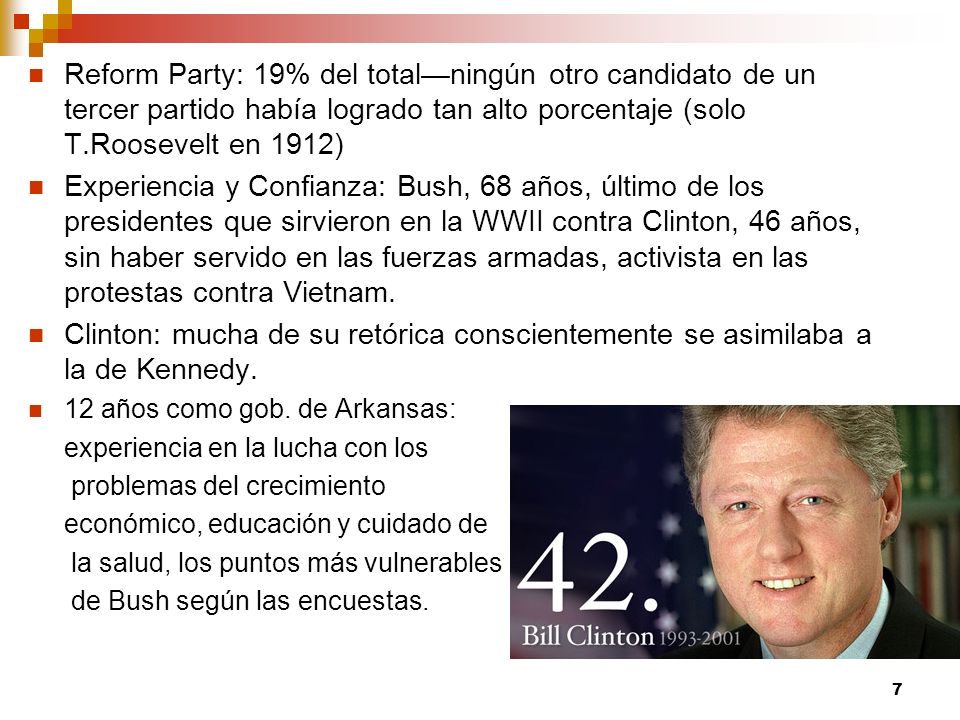 Reform Party: 19% del total—ningún otro candidato de un tercer partido había logrado tan alto porcentaje (solo T.Roosevelt en 1912)