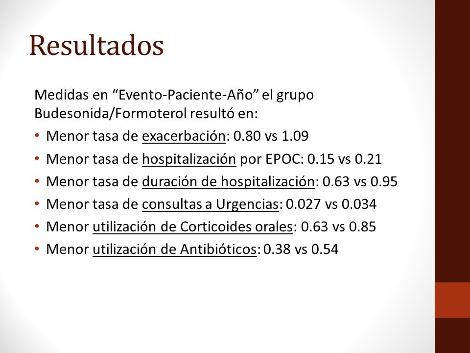 Resultados Medidas en Evento-Paciente-Año el grupo Budesonida/Formoterol resultó en: Menor tasa de exacerbación: 0.80 vs