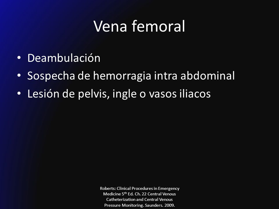 Vena femoral Deambulación Sospecha de hemorragia intra abdominal