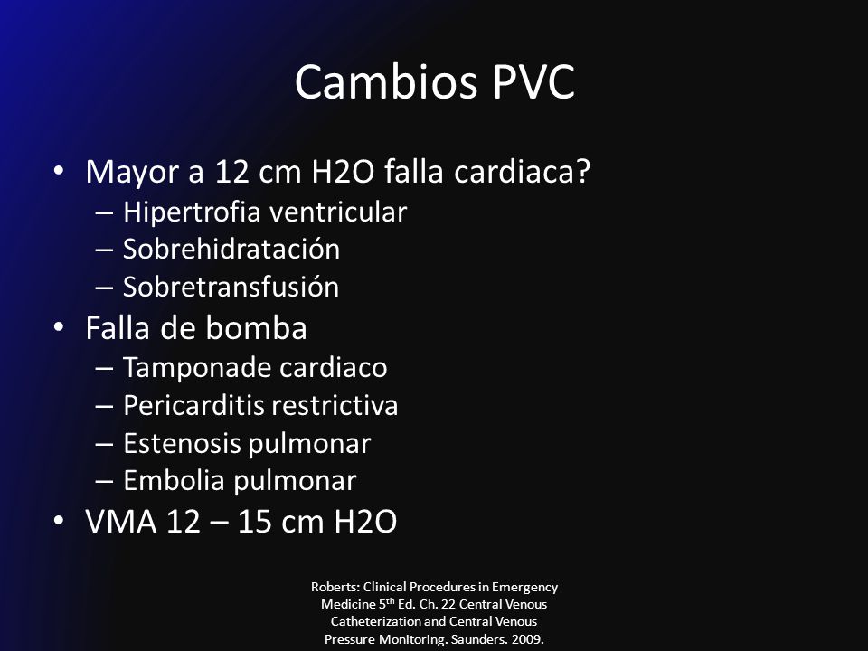Cambios PVC Mayor a 12 cm H2O falla cardiaca Falla de bomba
