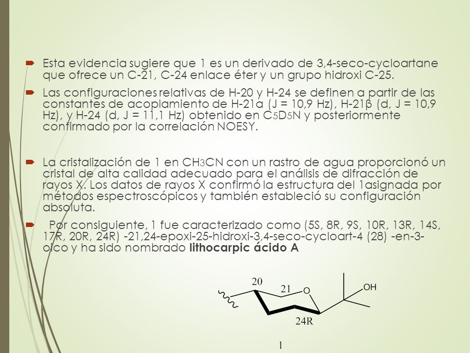 Esta evidencia sugiere que 1 es un derivado de 3,4-seco-cycloartane que ofrece un C-21, C-24 enlace éter y un grupo hidroxi C-25.