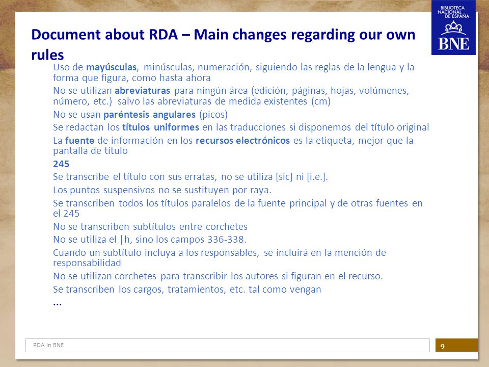 Document about RDA – Main changes regarding our own rules