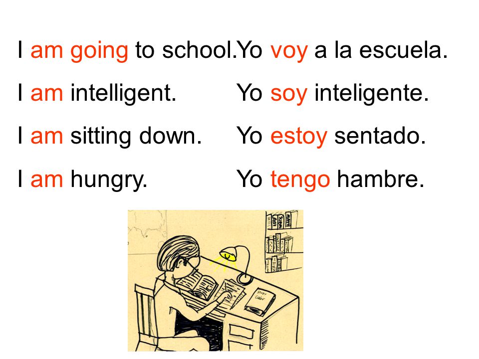 I am going to school. I am intelligent. I am sitting down. I am hungry. Yo voy a la escuela. Yo soy inteligente.