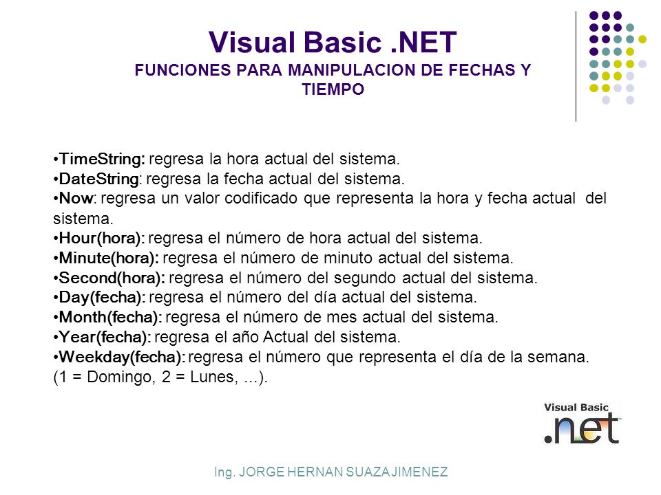 Visual Basic .NET FUNCIONES PARA MANIPULACION DE FECHAS Y TIEMPO