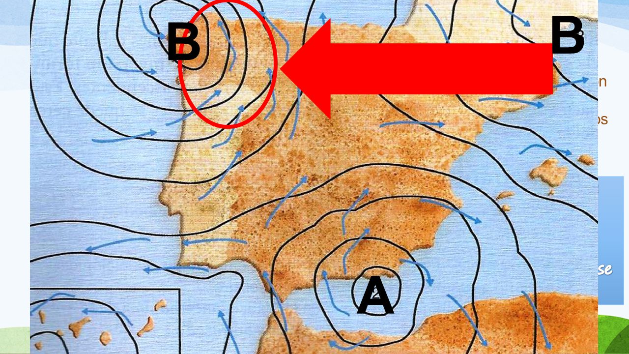 Vientos B. B. El aire se mueve desde zonas con más presión atmosférica (anticiclones) a zonas con menos presión atmosférica (borrascas).