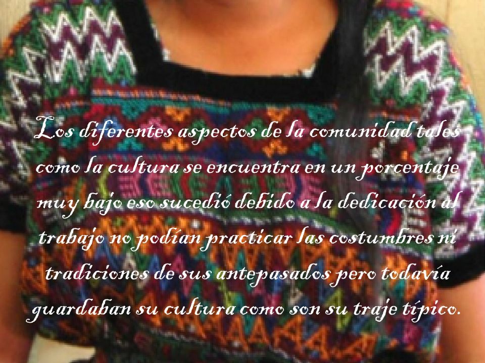 Los diferentes aspectos de la comunidad tales como la cultura se encuentra en un porcentaje muy bajo eso sucedió debido a la dedicación al trabajo no podían practicar las costumbres ni tradiciones de sus antepasados pero todavía guardaban su cultura como son su traje típico.