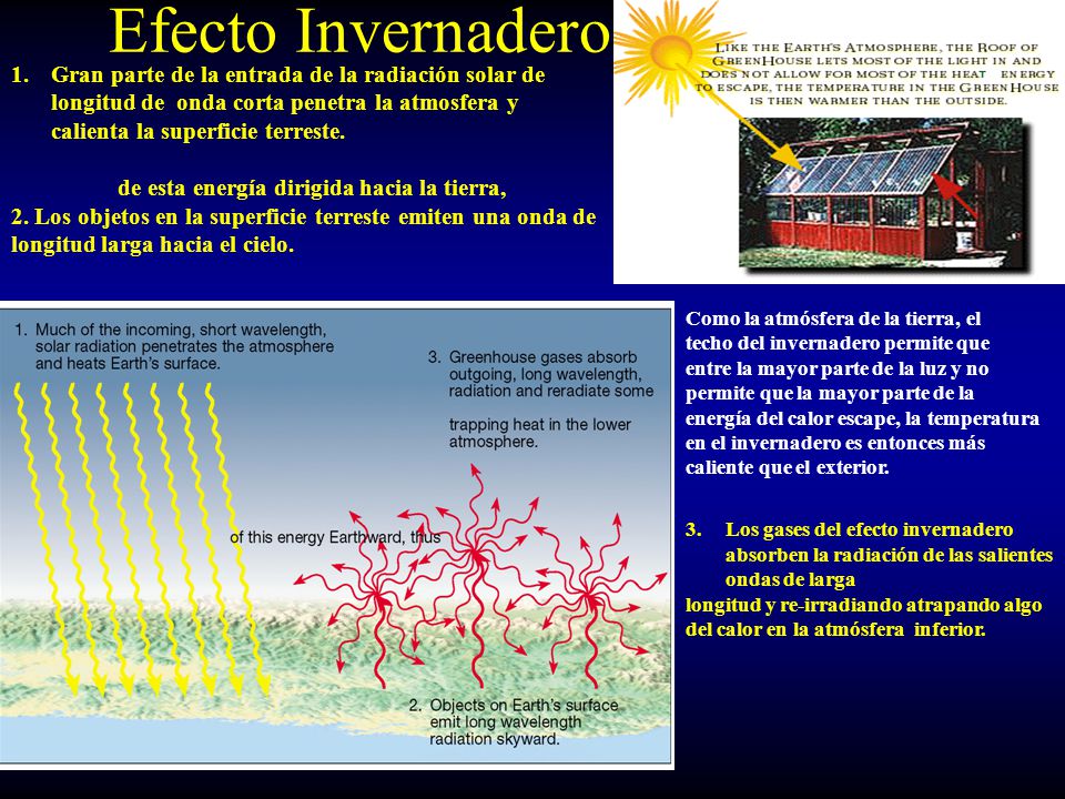 Efecto Invernadero Gran parte de la entrada de la radiación solar de longitud de onda corta penetra la atmosfera y calienta la superficie terreste.