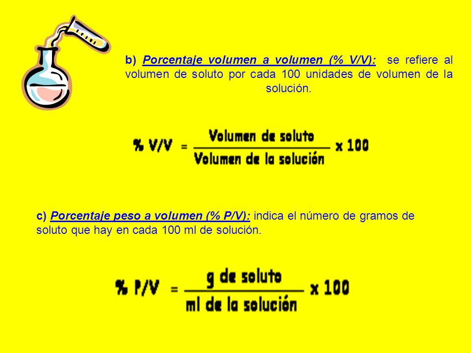 b) Porcentaje volumen a volumen (% V/V): se refiere al volumen de soluto por cada 100 unidades de volumen de la solución.