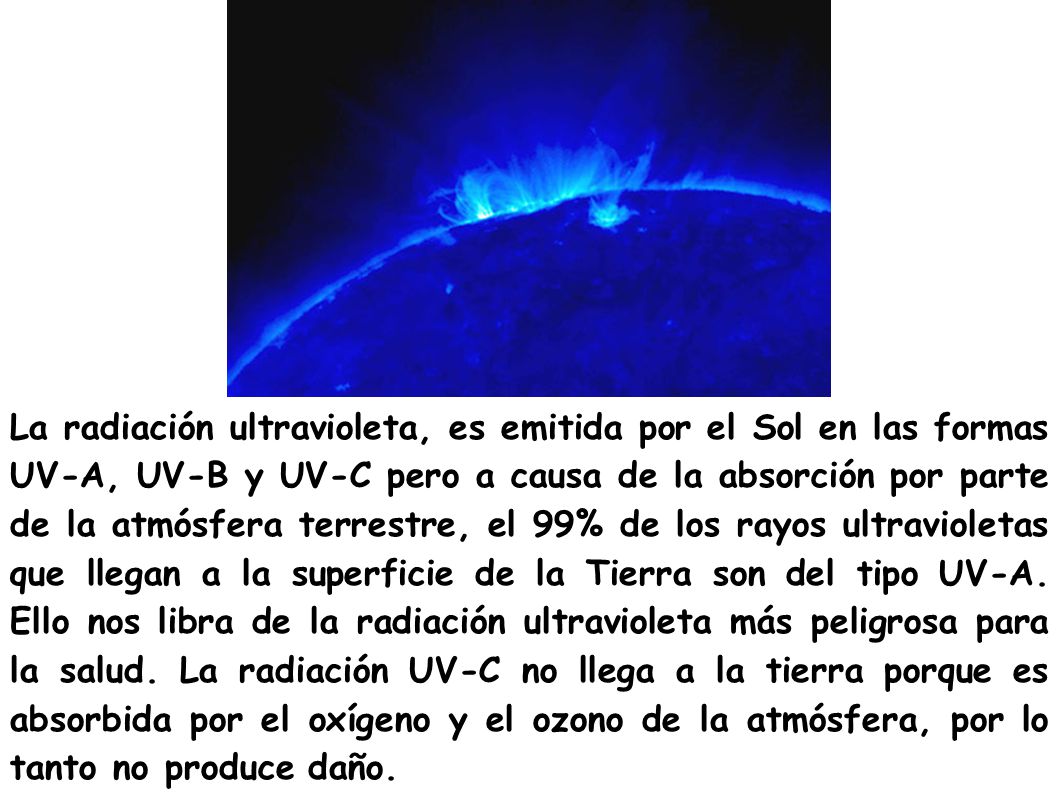 La radiación ultravioleta, es emitida por el Sol en las formas UV-A, UV-B y UV-C pero a causa de la absorción por parte de la atmósfera terrestre, el 99% de los rayos ultravioletas que llegan a la superficie de la Tierra son del tipo UV-A.