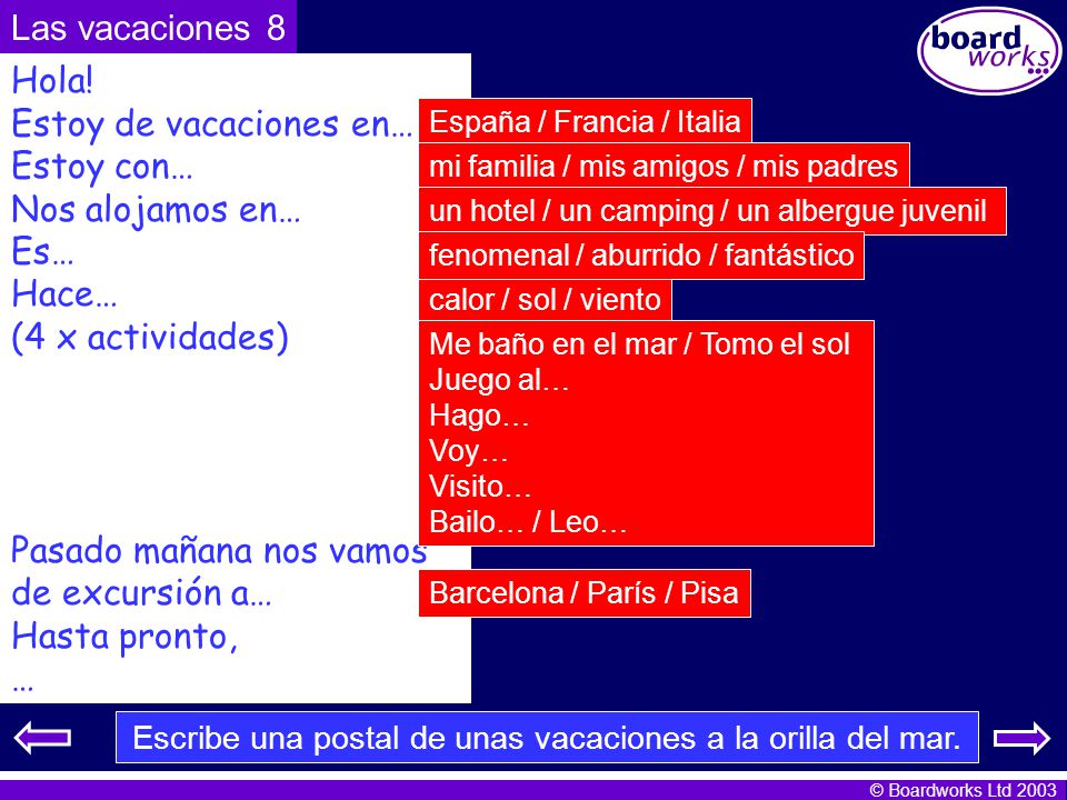 Estoy de vacaciones en… Estoy con… Nos alojamos en… Es… Hace…