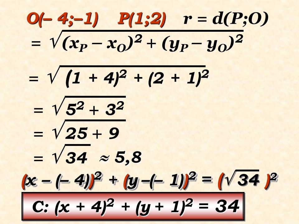O(– 4;–1) P(1;2) r = d(P;O) =  (xP – xO)2 + (yP – yO)2. =  (1 + 4)2 + (2 + 1)2. = 