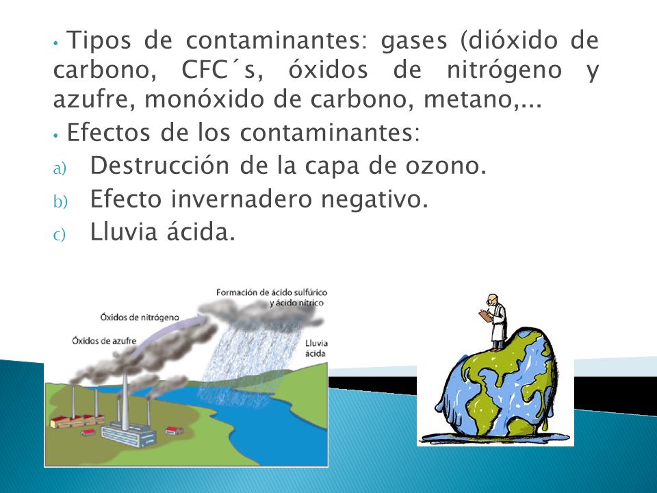Tipos de contaminantes: gases (dióxido de carbono, CFC´s, óxidos de nitrógeno y azufre, monóxido de carbono, metano,...