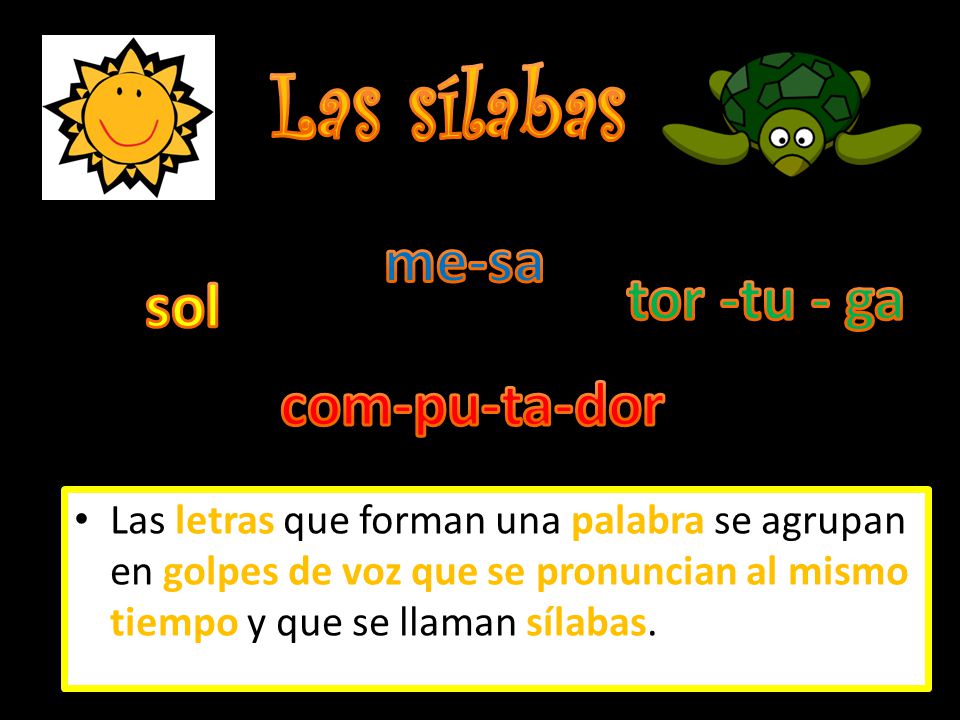 Las sílabas me-sa tor -tu - ga sol com-pu-ta-dor