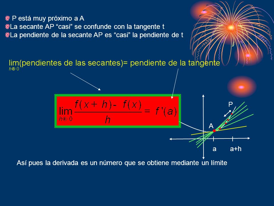 P está muy próximo a A La secante AP casi se confunde con la tangente t. La pendiente de la secante AP es casi la pendiente de t.