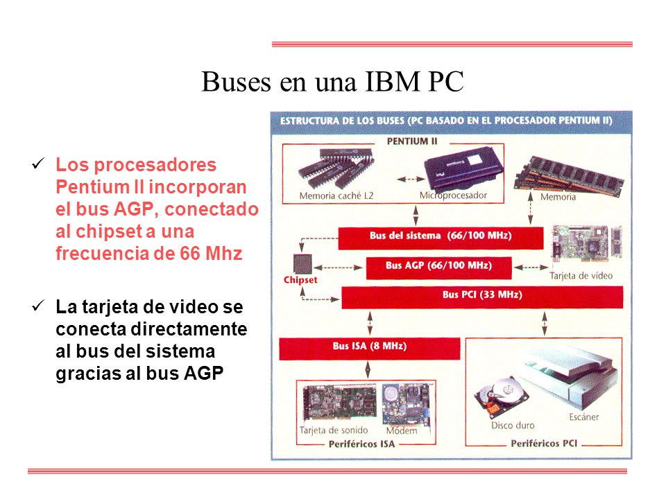 Buses en una IBM PC Los procesadores Pentium II incorporan el bus AGP, conectado al chipset a una frecuencia de 66 Mhz.
