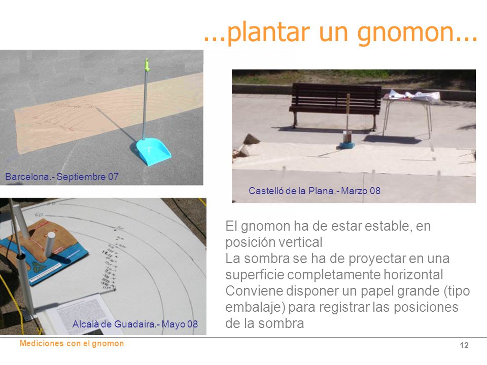 ...plantar un gnomon... Barcelona.- Septiembre 07. Castelló de la Plana.- Marzo 08.