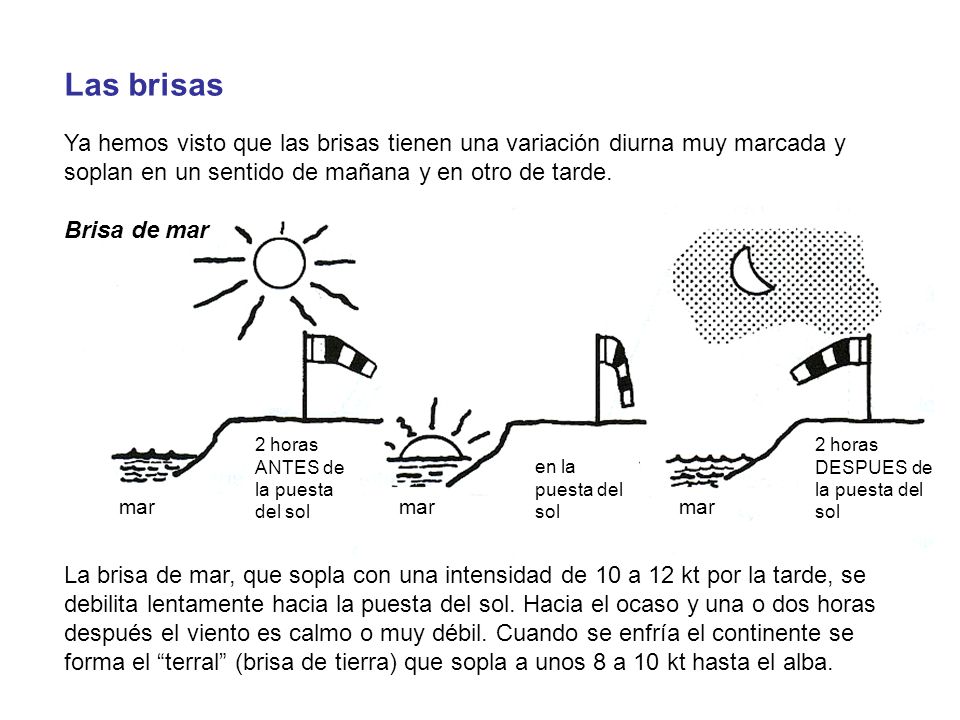 Las brisas Ya hemos visto que las brisas tienen una variación diurna muy marcada y soplan en un sentido de mañana y en otro de tarde.
