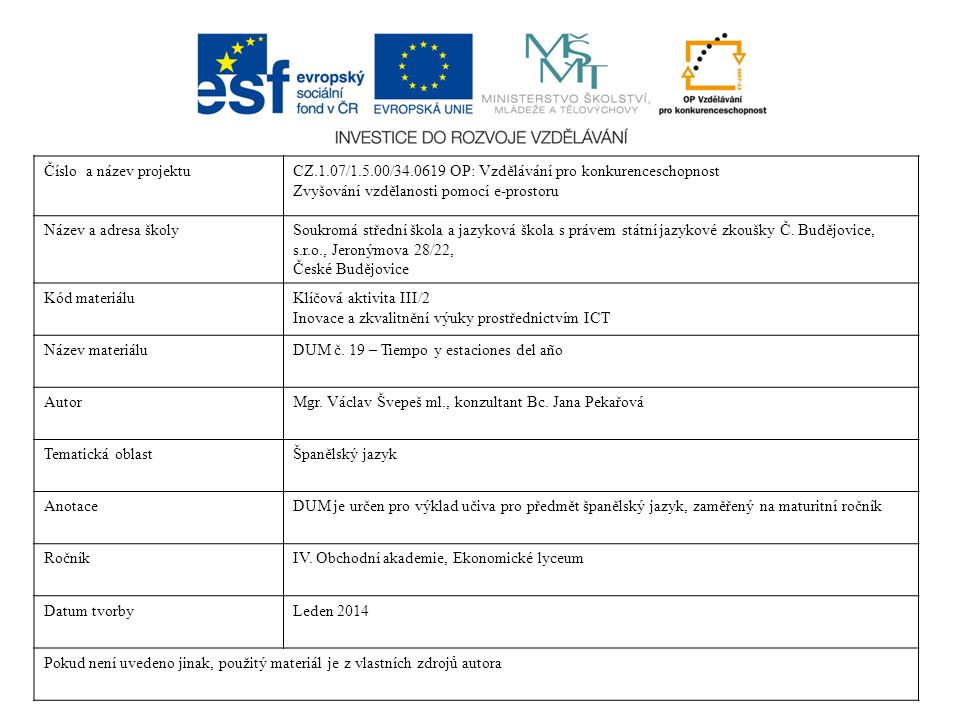 Číslo a název projektu CZ.1.07/1.5.00/ OP: Vzdělávání pro konkurenceschopnost. Zvyšování vzdělanosti pomocí e-prostoru.