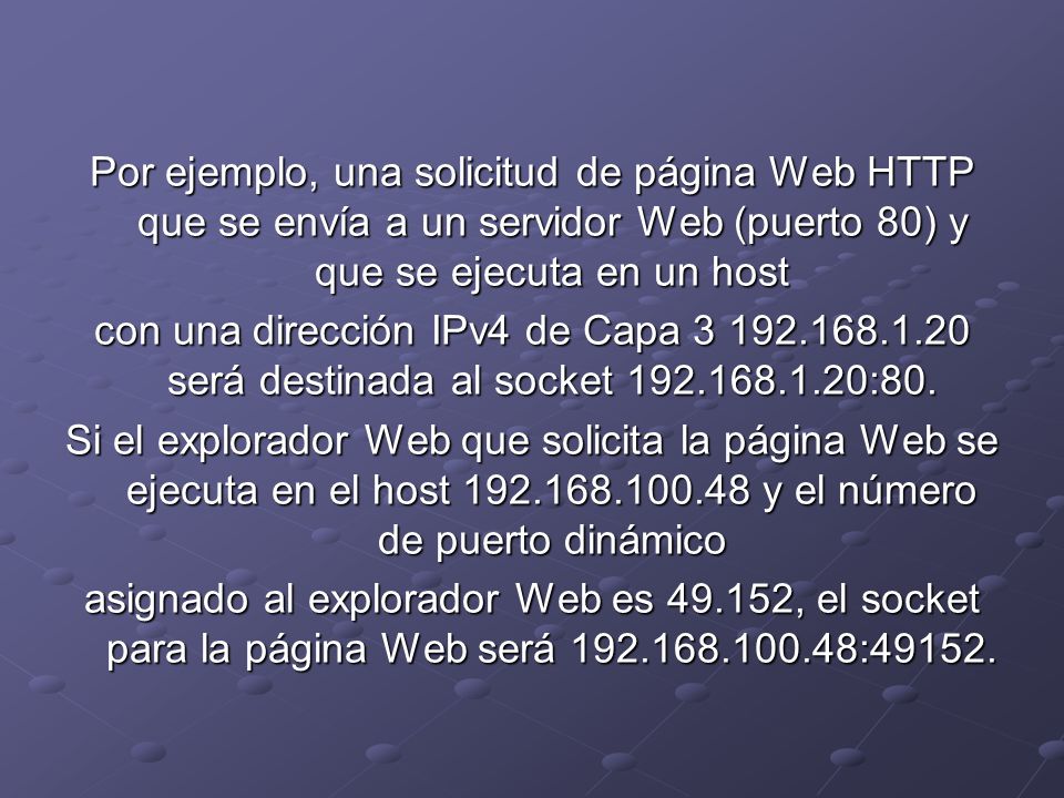 Por ejemplo, una solicitud de página Web HTTP que se envía a un servidor Web (puerto 80) y que se ejecuta en un host