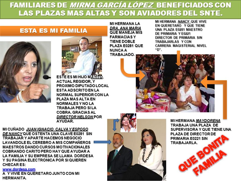 FAMILIARES DE MIRNA GARCÍA LÓPEZ BENEFICIADOS CON LAS PLAZAS MAS ALTAS Y SON AVIADORES DEL SNTE.