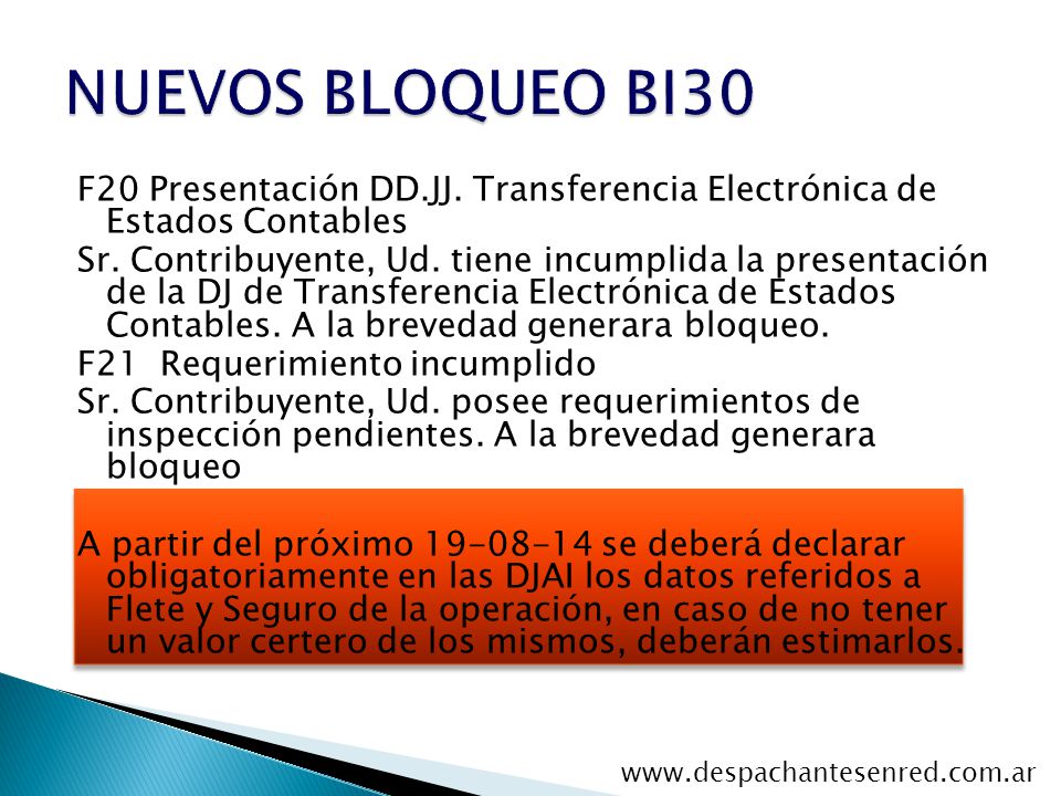 NUEVOS BLOQUEO BI30 F20 Presentación DD.JJ. Transferencia Electrónica de Estados Contables.