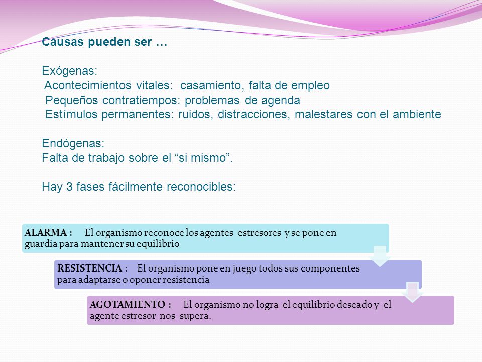 Causas pueden ser … Exógenas: Acontecimientos vitales: casamiento, falta de empleo Pequeños contratiempos: problemas de agenda Estímulos permanentes: ruidos, distracciones, malestares con el ambiente Endógenas: Falta de trabajo sobre el si mismo . Hay 3 fases fácilmente reconocibles: