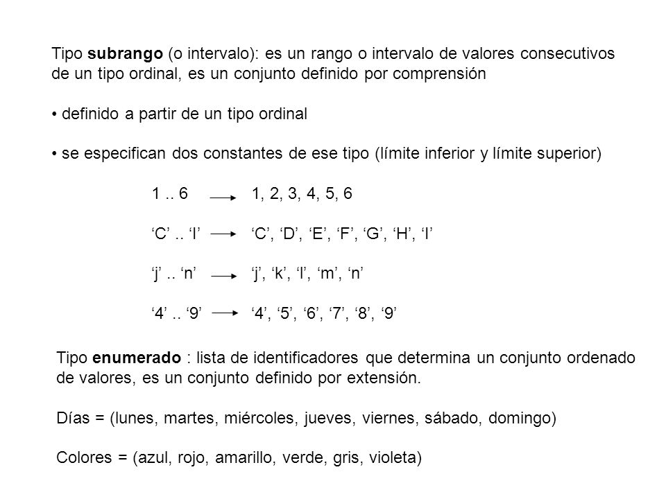 Tipo subrango (o intervalo): es un rango o intervalo de valores consecutivos de un tipo ordinal, es un conjunto definido por comprensión
