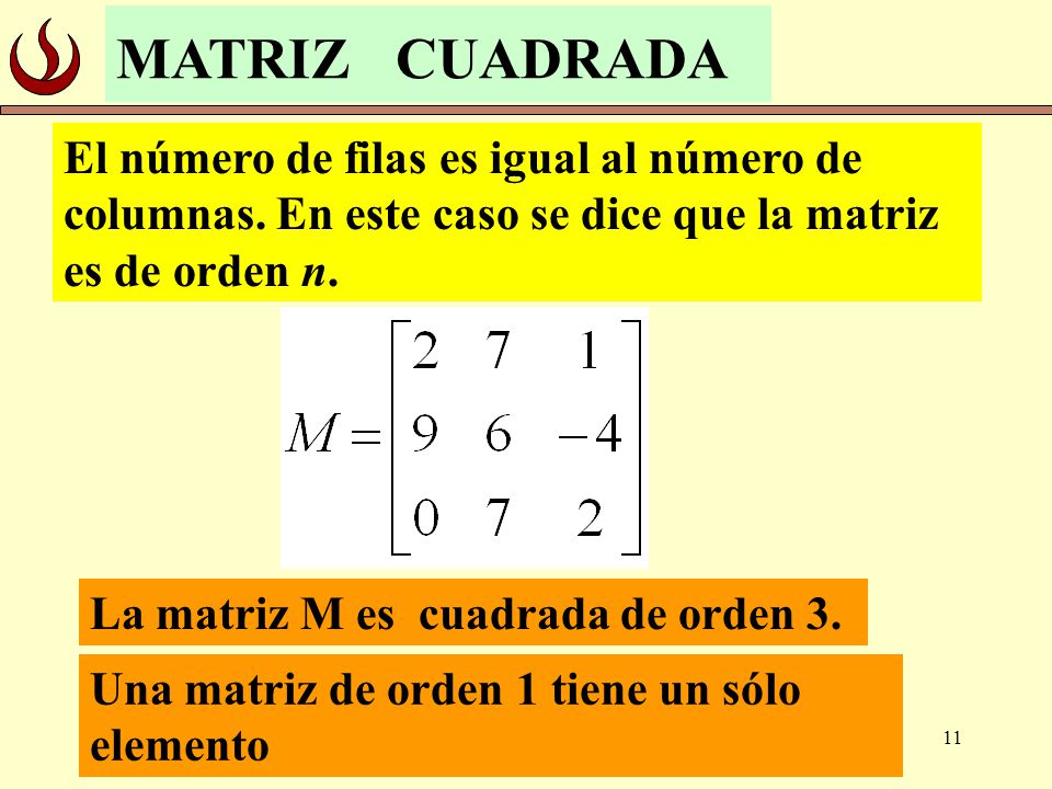 MATRIZ CUADRADA El número de filas es igual al número de columnas. En este caso se dice que la matriz es de orden n.