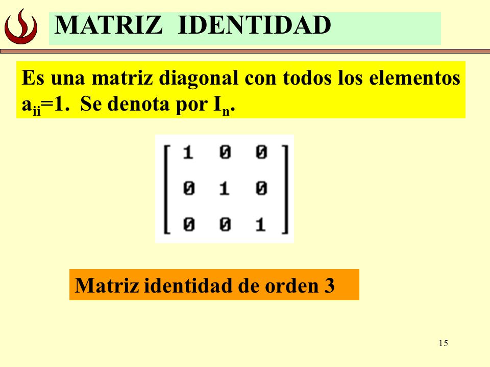 MATRIZ IDENTIDAD Es una matriz diagonal con todos los elementos aii=1.