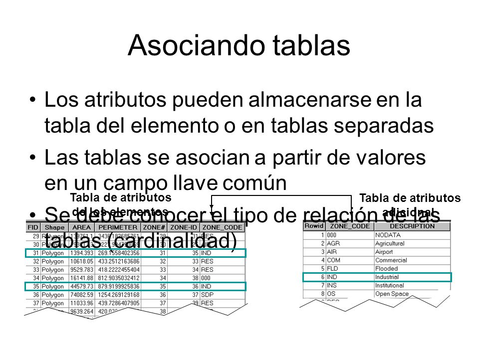 Asociando tablas Los atributos pueden almacenarse en la tabla del elemento o en tablas separadas.