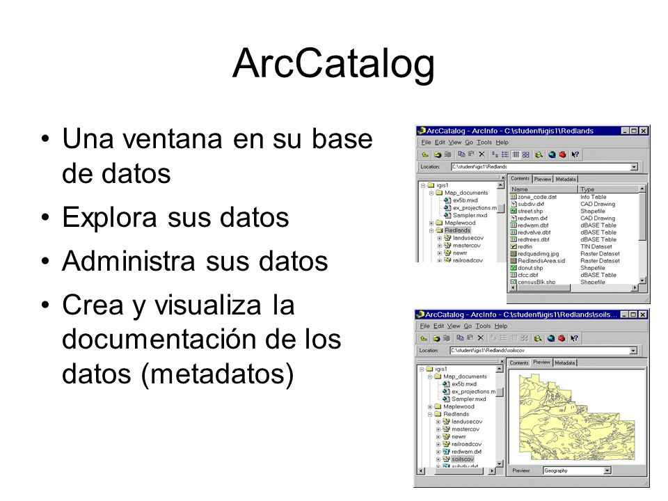 ArcCatalog Una ventana en su base de datos Explora sus datos