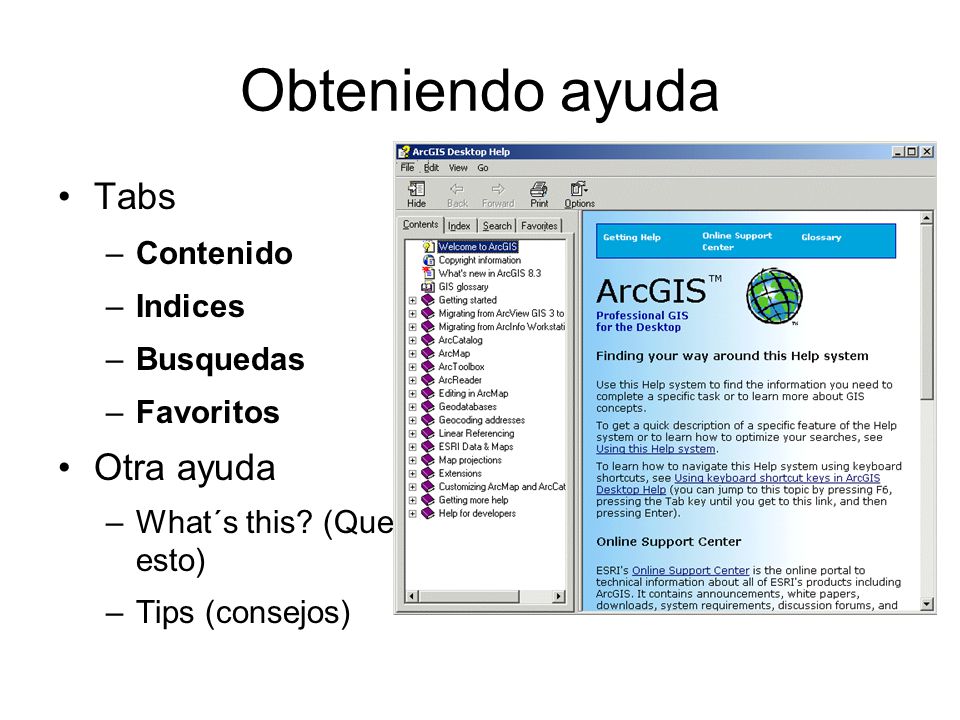 Obteniendo ayuda Tabs Otra ayuda Contenido Indices Busquedas Favoritos