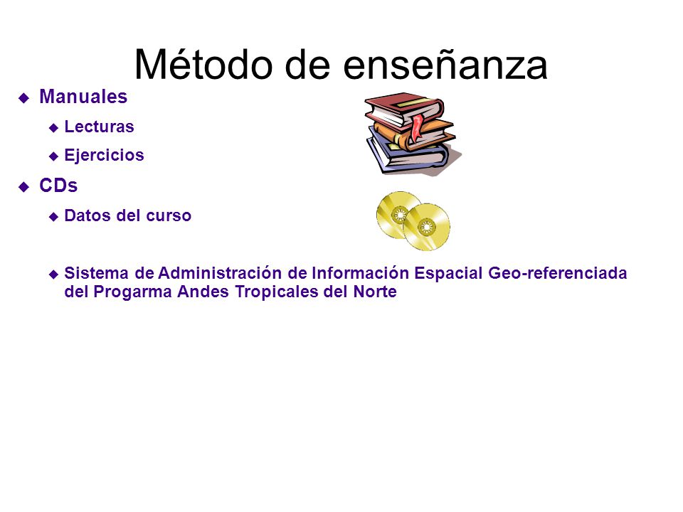Método de enseñanza Manuales CDs Lecturas Ejercicios Datos del curso