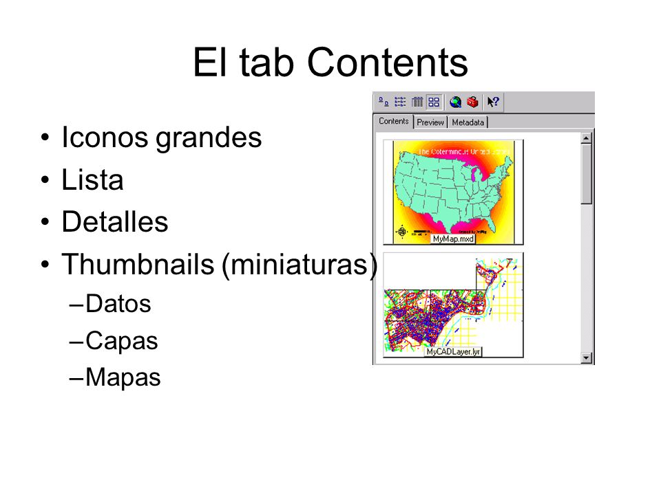El tab Contents Iconos grandes Lista Detalles Thumbnails (miniaturas)