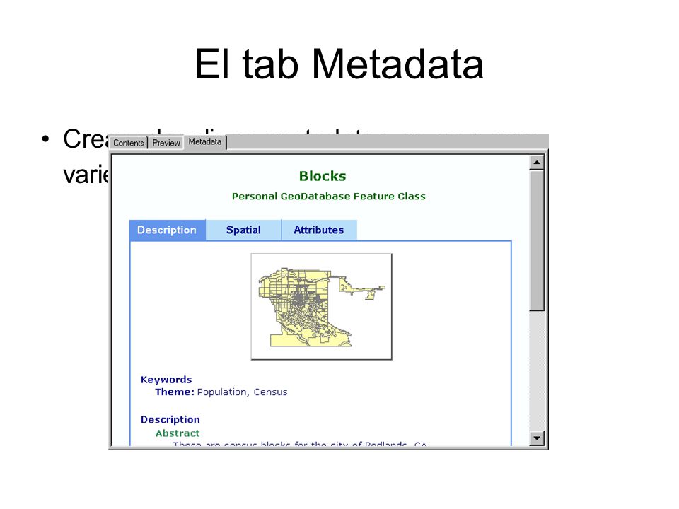 El tab Metadata Crea y despliega metadatos en una gran variedad de formas. Viewing metadata.