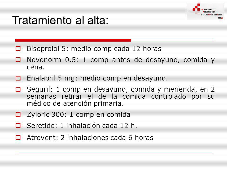 Tratamiento al alta: Bisoprolol 5: medio comp cada 12 horas