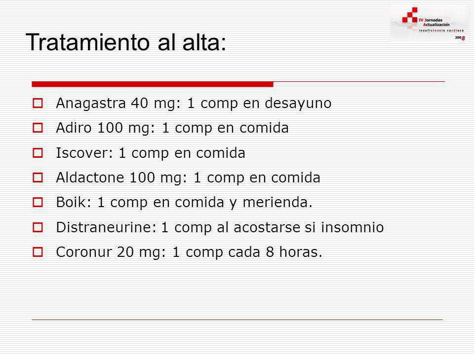 Tratamiento al alta: Anagastra 40 mg: 1 comp en desayuno