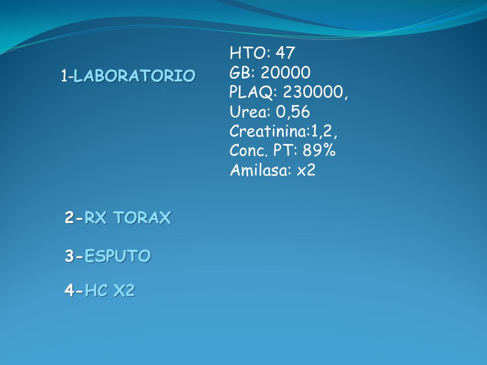HTO: 47 GB: PLAQ: , Urea: 0,56 Creatinina:1,2, Conc. PT: 89% Amilasa: x2. 1-LABORATORIO.