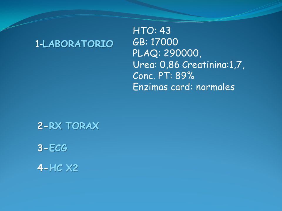 HTO: 43 GB: PLAQ: , Urea: 0,86 Creatinina:1,7, Conc. PT: 89% Enzimas card: normales.
