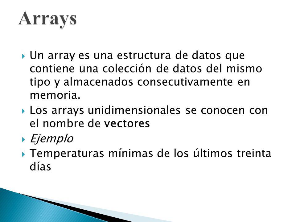 Arrays Un array es una estructura de datos que contiene una colección de datos del mismo tipo y almacenados consecutivamente en memoria.