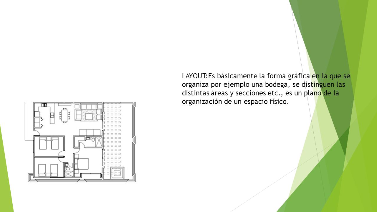 LAYOUT:Es básicamente la forma gráfica en la que se organiza por ejemplo una bodega, se distinguen las distintas áreas y secciones etc., es un plano de la organización de un espacio físico.