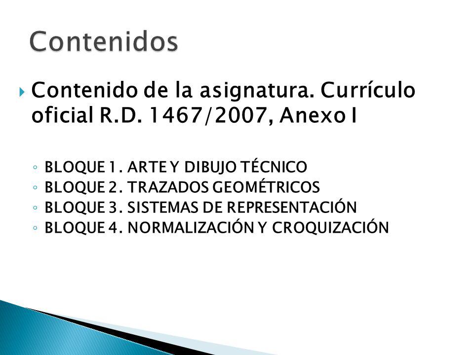 Contenidos Contenido de la asignatura. Currículo oficial R.D. 1467/2007, Anexo I. BLOQUE 1. ARTE Y DIBUJO TÉCNICO.