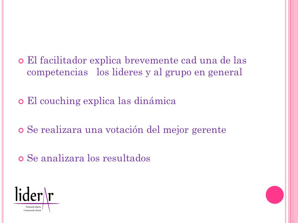 procedimiento El facilitador explica brevemente cad una de las competencias los lideres y al grupo en general.