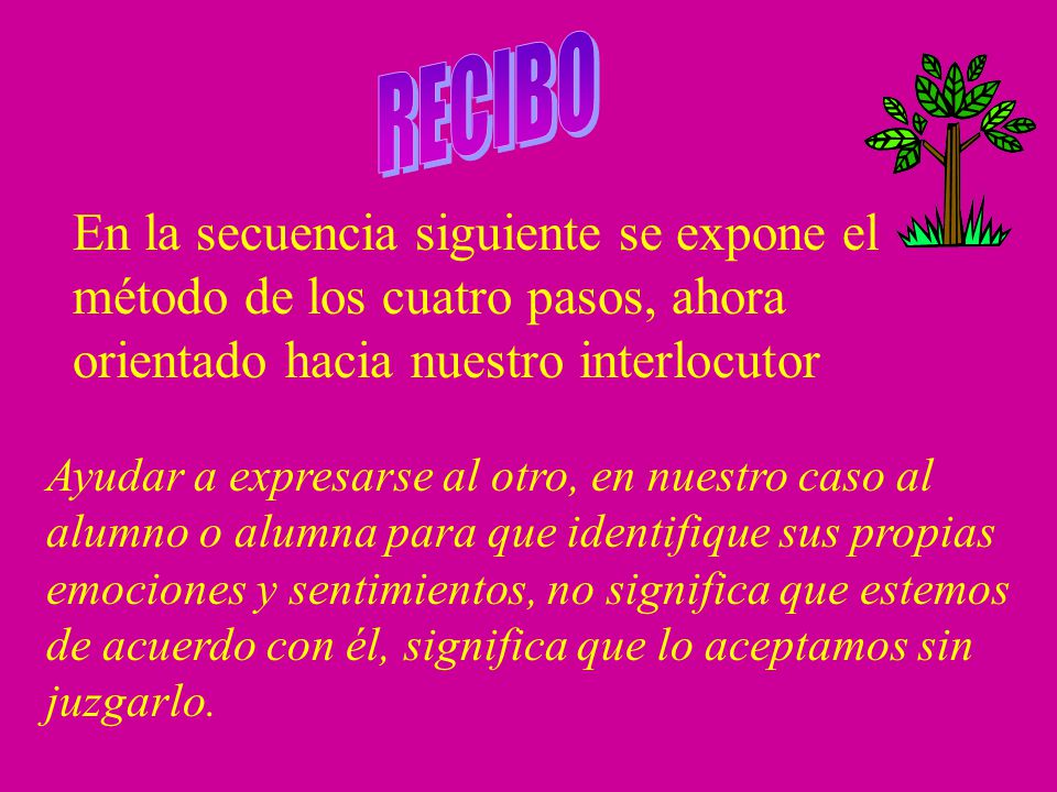 RECIBO En la secuencia siguiente se expone el método de los cuatro pasos, ahora orientado hacia nuestro interlocutor.