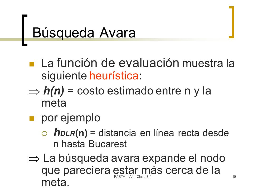 Búsqueda Avara La función de evaluación muestra la siguiente heurística:  h(n) = costo estimado entre n y la meta.