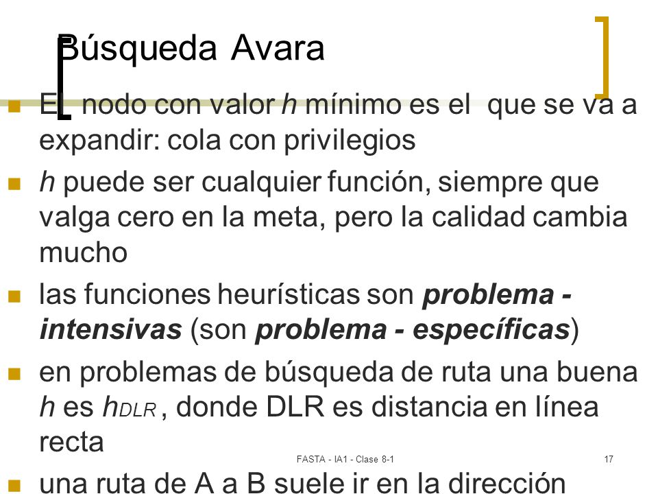 Búsqueda Avara El nodo con valor h mínimo es el que se va a expandir: cola con privilegios.