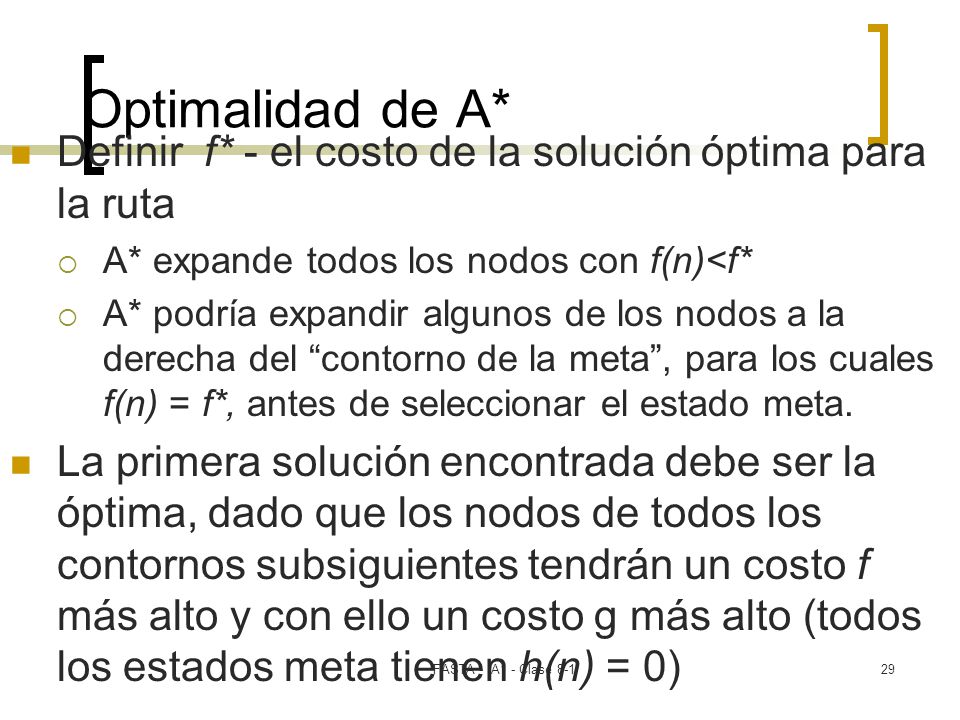 Optimalidad de A* Definir f* - el costo de la solución óptima para la ruta. A* expande todos los nodos con f(n)<f*