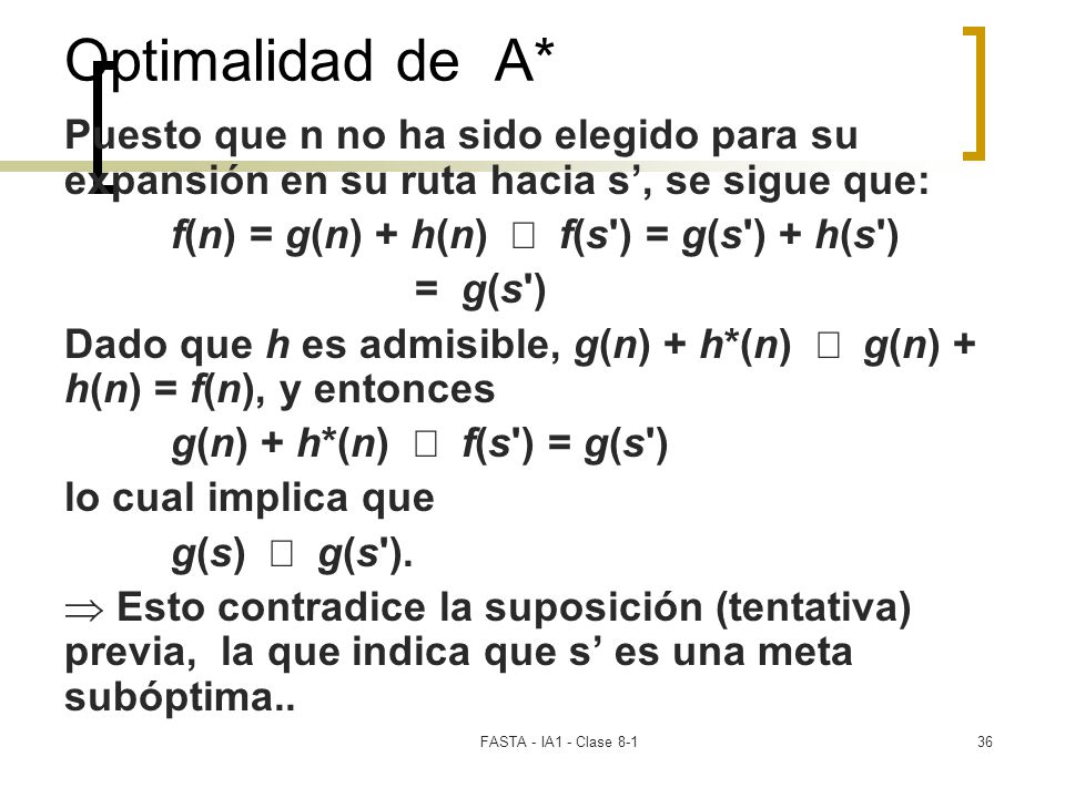 Optimalidad de A* Puesto que n no ha sido elegido para su expansión en su ruta hacia s’, se sigue que: